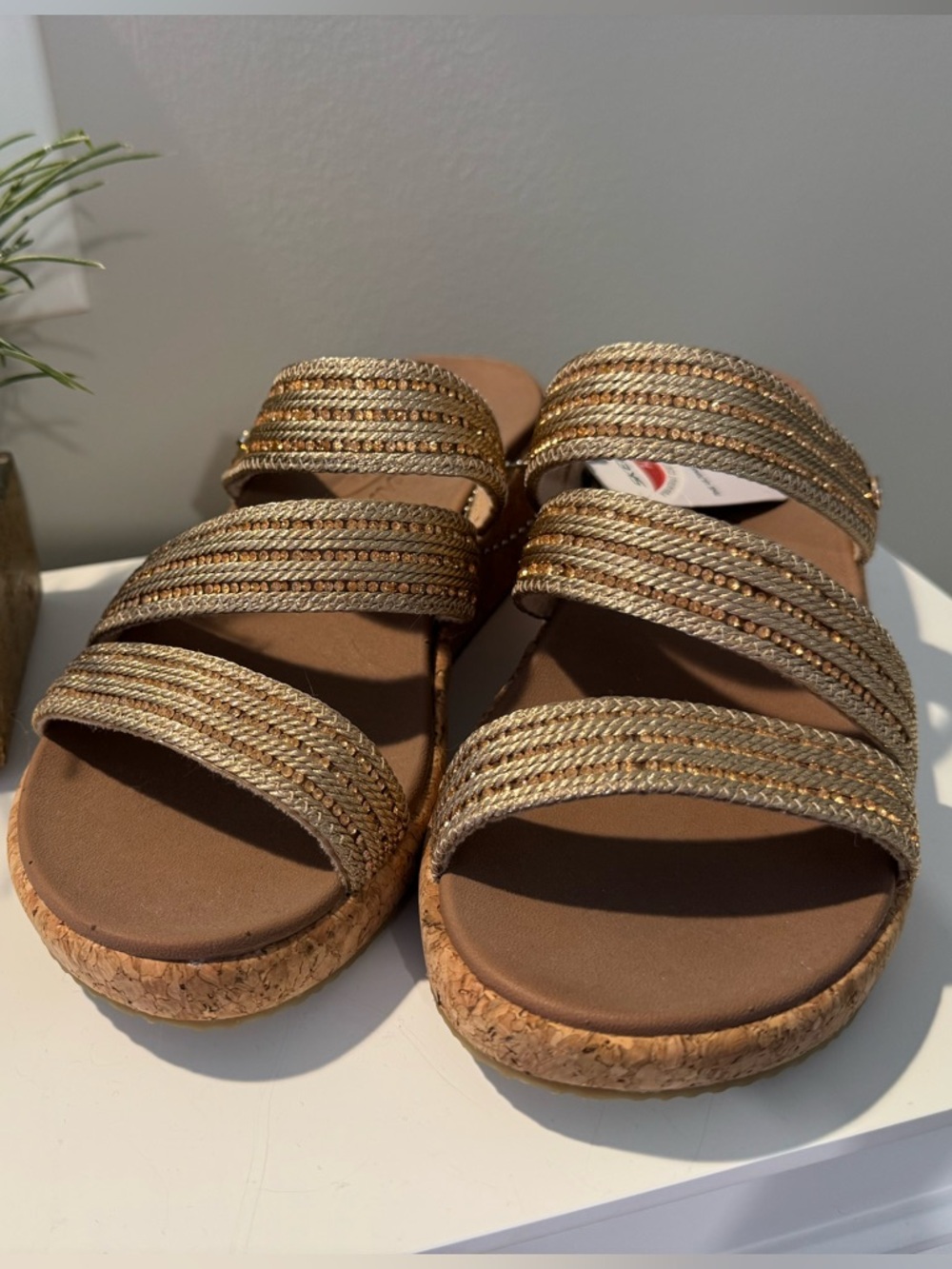 Skechers | Metallic Gold Cork Wedge Slide Sandals NWT